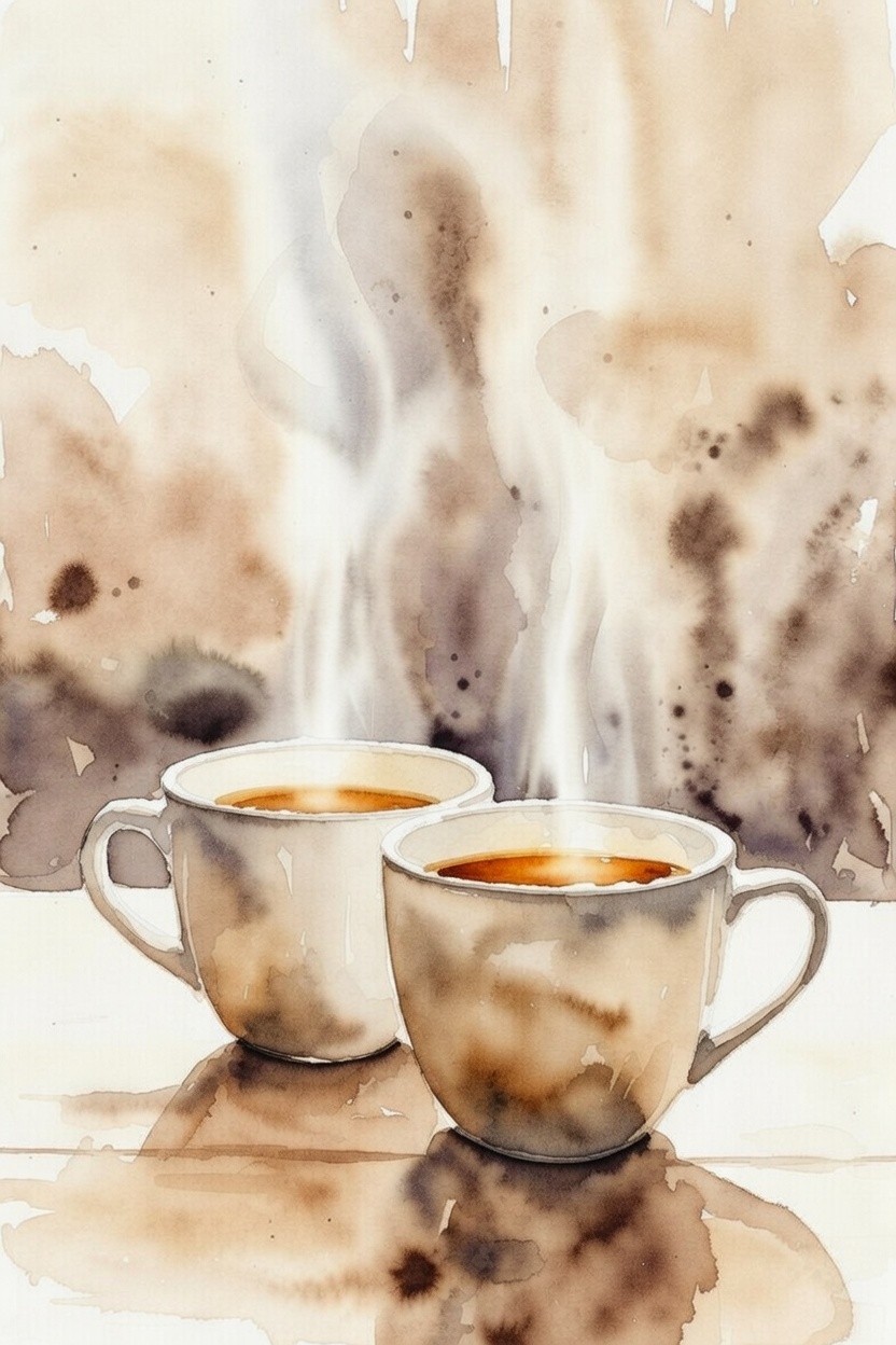 Watercolour of two steaming cups of tea