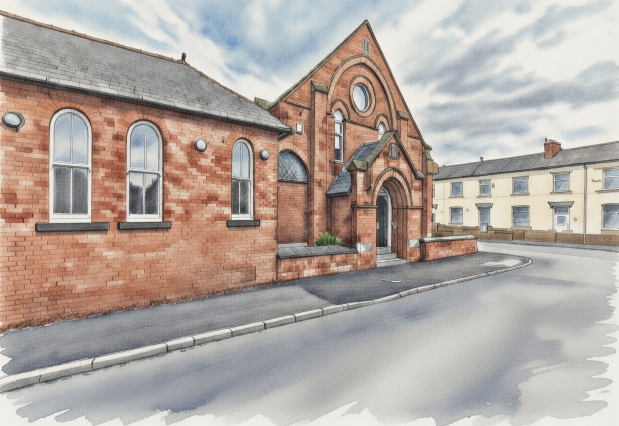 Watercolour illustration of Bury Spiritualist Centre entrance