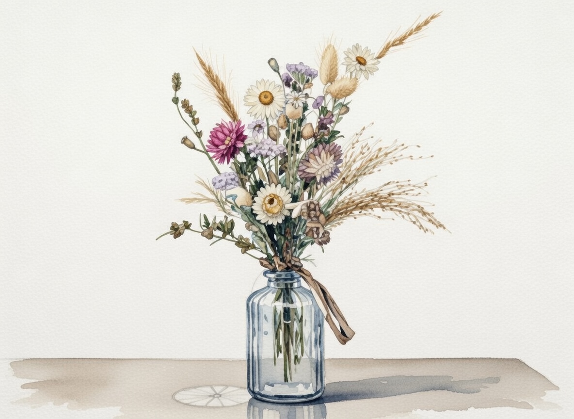 Watercolour of wildflowers in a glass vase