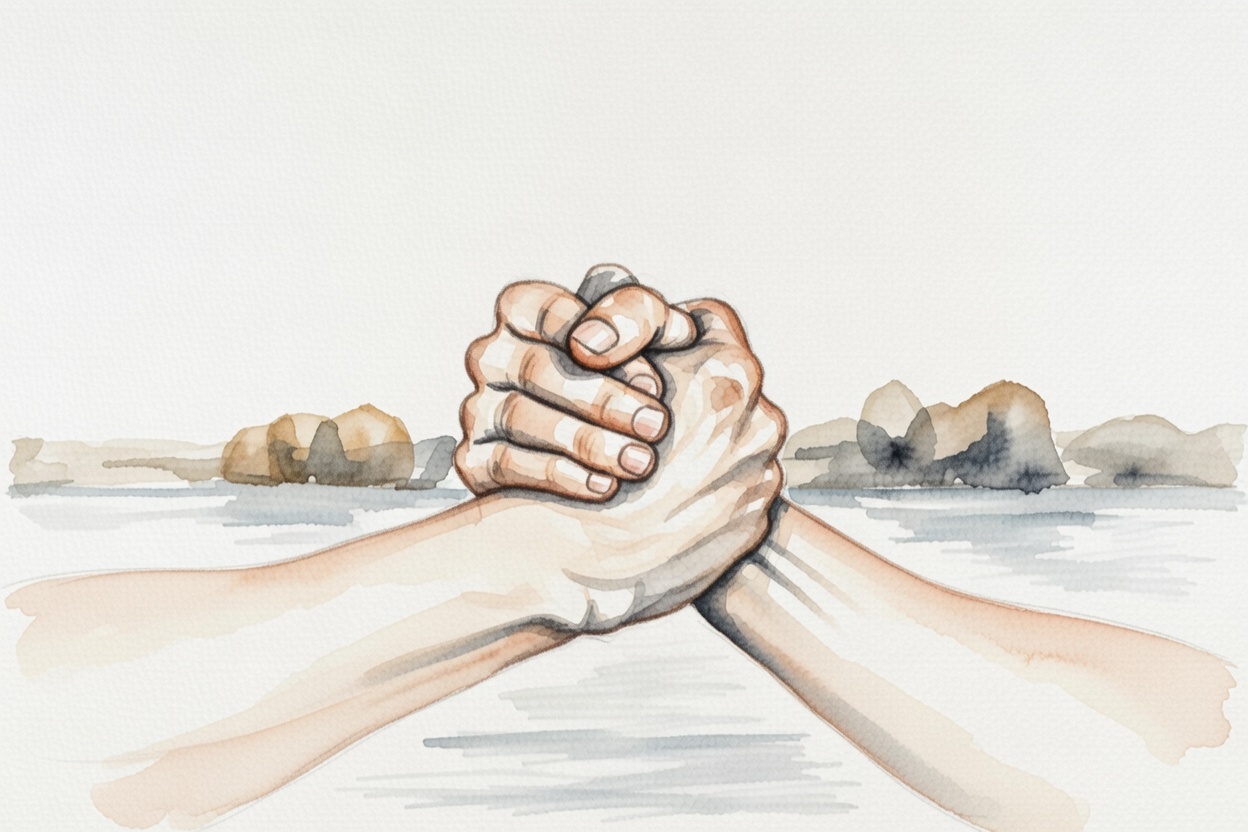 Watercolour of two hands clasped together