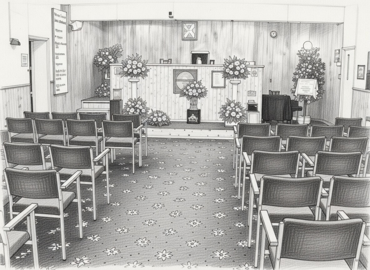 Pencil sketch of the peaceful interior at Bury Spiritualist Centre