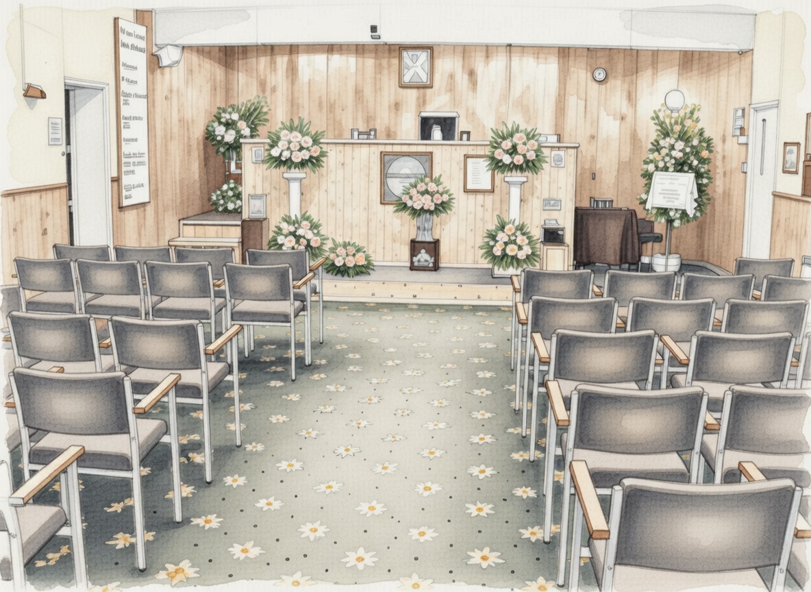 Watercolour illustration of the main hall at Bury Spiritualist Centre